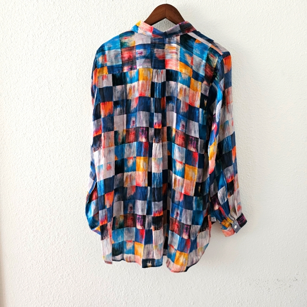 APNY tunic blouse size XL quarter button high low lightweight watercolor block - Picture 9 of 12